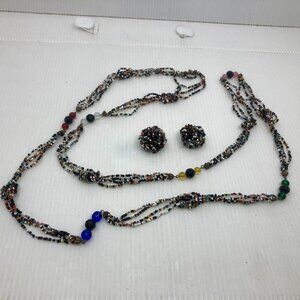 Vtg MIRIAM HASKELL ? multicolored glass seeds beads flapper earrings necklace